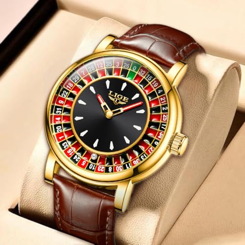 Image of LIGE Mens Roulette Wheel Watches Casino Themed Quartz Analog Watch 3ATM Waterproof Glowing Man Wrist Watches