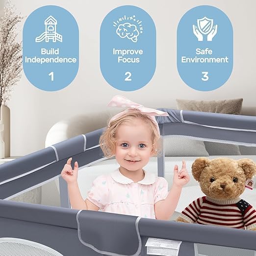 Image of Baby Playpen with Balls - Portable Play Yard with Mesh Panels for Safety & Visibility, Indoor /Outdoor Toddler Activity Fence for Boys & Girls (Gray)