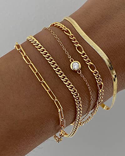 Image of DEARMAY Gold Bracelets for Women Waterproof Stackable Dainty 14K Gold Plated Rope Cuban Snake Paperclip Figaro Link Chain Pack Bracelet Adjustable Non Tarnish Fashion Accessories Jewelry Sets Gifts for Womens Mom