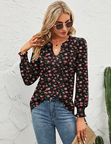 Micoson Womens Fashion Shirts Boho V Neck Puff Sleeves Pleated Tunic Tops Multicolored Fall Blouses With Smocked Cuffs Floral Polka Dots Xl #TOP3