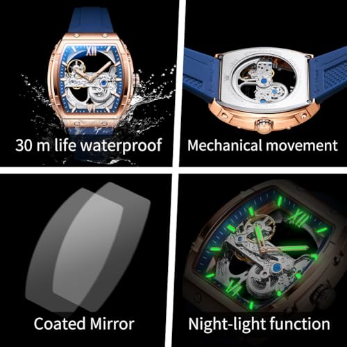 Image of OLEVS Watch for Men Skeleton Automatic Tonneau Silicone Strap Business Luxury Waterproof Luminous Mechanical Men Wrist Watch