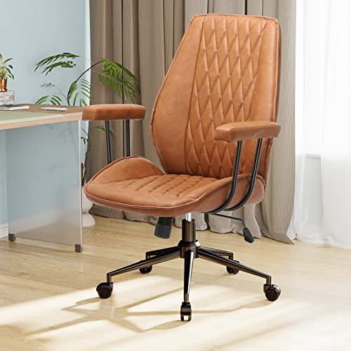 Dictac Leather Office Chair Brown Desk Chair With Removable Armrest, Mid Century Office Chair, Modern Home Office Chair With Wheels, Capacity 400Lbs #TOP3