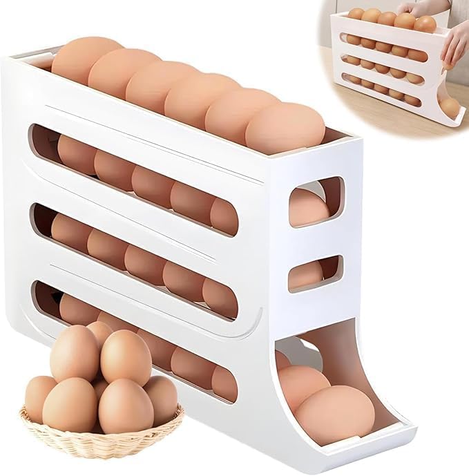 Plastic Automatic Rolldown Refrigerator Egg Holder 4 Tier Rectangular Egg Rolling Dispenser for Fridge Storage, Gravity Feed Design Holds Up to 30 Eggs, Space Saving Stackable Organizer (White)