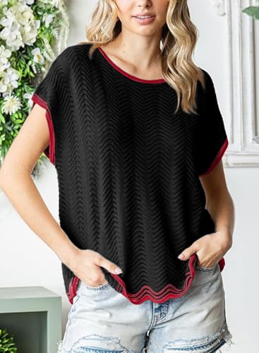 Dokotoo Womens Summer Tops Casual Short Sleeve Wavy Crochet Crewneck Color Block Lightweight Knit Loose Pullover Sweaters3