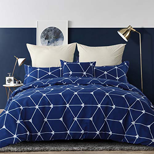 RUIKASI Funda Nordica Cama 105 - Funda Nórdica 200 x 200 con 2 Fundas de Almohada 50 x 75 cm de Microfibra, Enrejado Azúl, Moderna