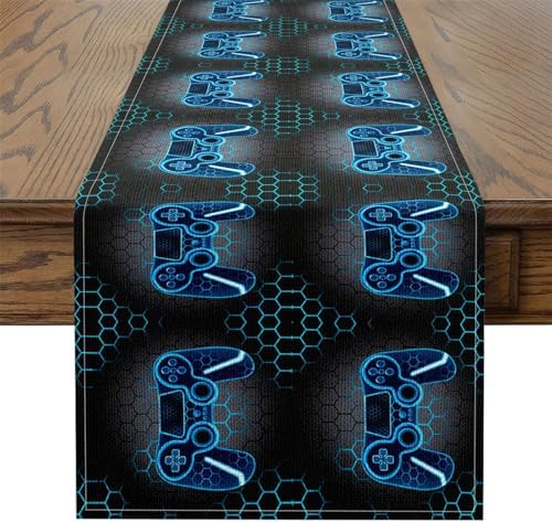 Castle Fairy Gamepad Table Runner 13 X 60 Inches,Gaming Video Game Console Geometric Kitchen Dining Tables Decor for Home, Honeycomb Hexagon Modern Table Mat, Blue Black image 5