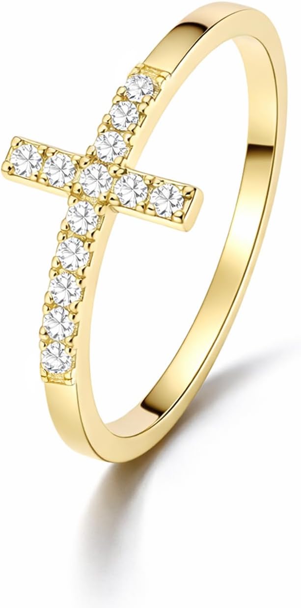 Women Cross Ring, 14K Gold Plated 925 Sterling Silver - Ring for Her Eternity Promise Ring Infinity Religious Wedding Band Jewelry