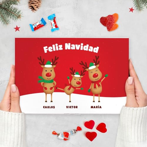 Transparent Gift Caja de Dulces Personalizada con Nombres Renos. Regalos Navidad. Caja Bombones para Regalar. Caja Chuches. Regalos Originales para Familia y Amigos. Dulces Navideños con Chocolate