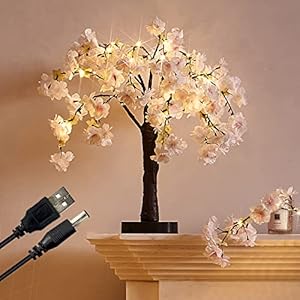 Fudios Lighted Bonsai Tree with Cherry Blossom Branches 40 LED 18IN Japanese Room Decor,Flower Tree with Lights Battery…