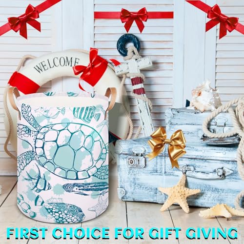 Image of Large Laundry Hamper Basket Ocean Theme Round Freestanding Clothes Basket, Sea Turtle Collapsible Storage Organizer Bin with Leather Handles for Dirty Clothes Toys, Nursery Home Storage 16 inchW x 20 inchH