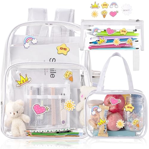Eccliy 3 Pcs Clear Kawaii Backpack Set Aesthetic for Stadium Events Cute Backpack with Kawaii Pin and Lunch Bag, Pencil Case