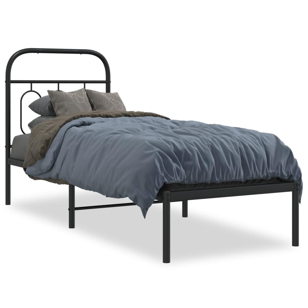 Black Metal Bed Frame 75x190 cm with Headboard | Features a steel slat platform that eliminates the need for a box spring and provides under-bed storage.