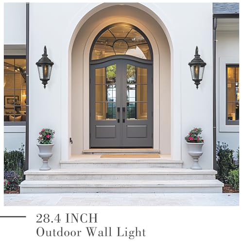 Image of Emliviar 28.4 inch Large Outdoor Wall Lantern, Farmhouse Exterior Porch Light for House, Black Finish with Water Ripple Glass, XE265B-SW BK