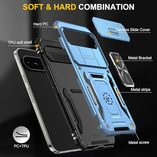 Image of Polycarbonate Slide Camera Cover with Ring Holder Mobile Phone Back Cover for Google Pixel 9 (Blue)