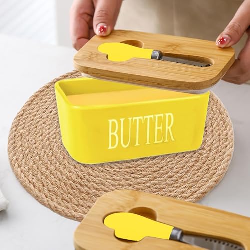 Image of Ceramic Butter Dish with Wooden Lid, Airtight Butter Keeper for Counter or Fridge with Stainless Steel Multipurpose Butter Knife, Butter Container with Double High-Quality Silicone(Yellow)