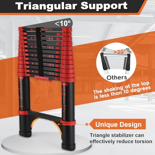 Telescoping Ladder, SocTone 12.5 FT Aluminum Lightweight Extension Ladder with 2 Triangle Stabilizers, Heavy Duty 330lbs Max Capacity, Multi-Purpose Collapsible Ladder for RV or Outdoor Work