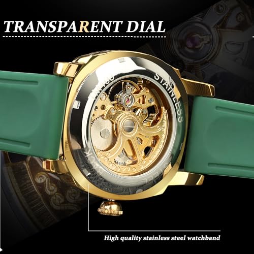 Image of FORSINING Fancy Watches for Men, Square Retro Mechanical Watch Self-Wind Carved, Gear Movement Golden Skeleton Automatic Watches Vintage Leather Strap Wrist Watch