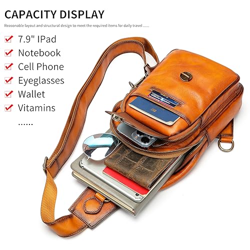 Image of NIUCUNZH Genuine Leather Sling Bag Front Metal-Latch Crossbody Bags Handmade Vintage Chest Shoulder Backpack for Women Men