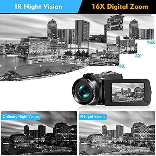 Videocámara Camcorder 2.7K Full HD 36MP IR Night Vision Vlogging Videocámara para Youtube,Zoom Digital 16X, Pantalla táctil LCD de 3,0 Pulgadas,Estabilizador Mano, Mando Distancia,2 Batería