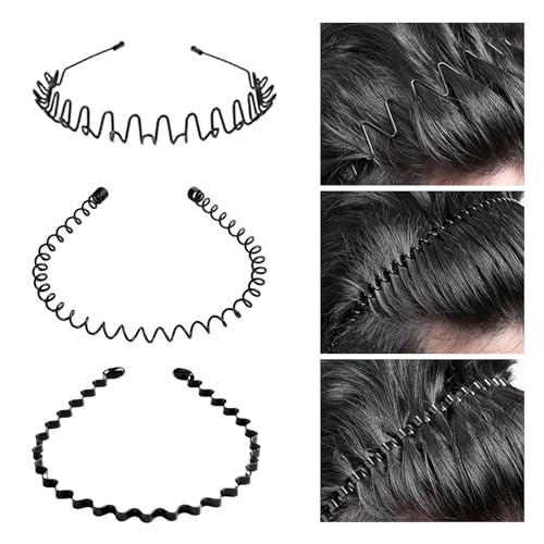 3本セット カチューシャ 3つタイプ メンズ ヘアバンド 痛くない 防錆 滑り止め ヘッドバンド オシャレ シンプル黒 スプリング ヘアバンド 髪飾り 洗顔/作業/運動用 前髪クリップ (CURVE)