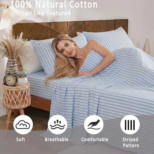 Image of Merryword Blue and White Striped Sheet Set King Size, 100% Cotton Fitted Sheet Set with Deep Pockets, Crisp Cool Feeling, Ribbon Stripes Design, 4-Piece All Season Bedding