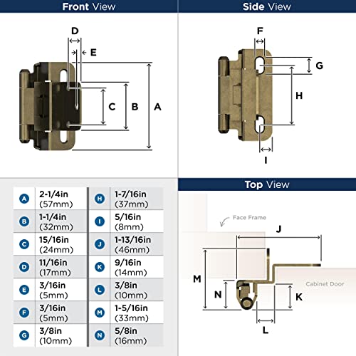 Image of Amerock 1 Pair 3 /8 inch Inset Burnished Brass Self-Closing Wrap Cabinet Hinge | Steel Cabinet Hinge for Kitchen, Bathroom and Furniture Doors, 3 /8 inch (10mm) Inset, Self Closing, Partial Wrap
