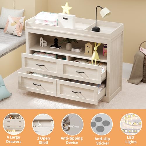 Image of 47.2 inch Beige Nursery Dresser with 4 Drawers and 1 Open Shelf Changing Table Dresser with Changing Table Top Diaper Changing Station with Storage for Nursery Children's Room