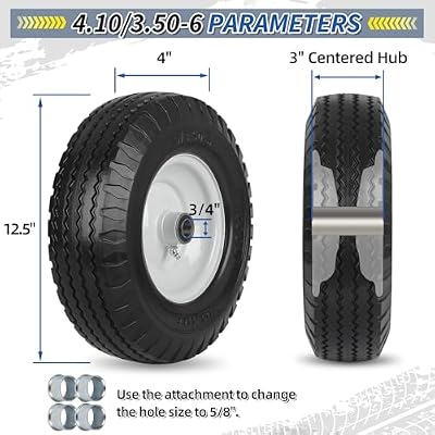 GICOOL 4.10/3.50-6 Flat Free Tire and Wheel, with 3-3.5''-4.0''-4.5'' Centered Hub, and 3/4 & 5/8 Bearings, Replacement for Wheelbarrow, Hand Truck/All Purpose Utility Tire on Wheel, (2 Pack)