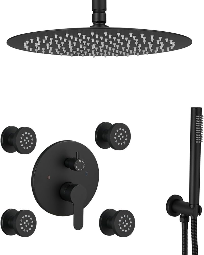 Matte Black Round Shower Faucet Set with Body Jets 12 Inch Shower Head Handheld Shower Combo Set High Pressure Ceiling Mount with Rough-in Valve