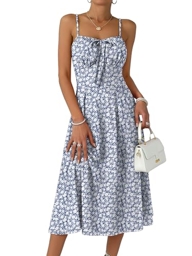 Caracilia Summer Dresses for Women Floral Corset Spaghetti Strap Milkmaid Midi Sundress 2026 Flowy Wedding Guest Dresses Blue White Floral Small