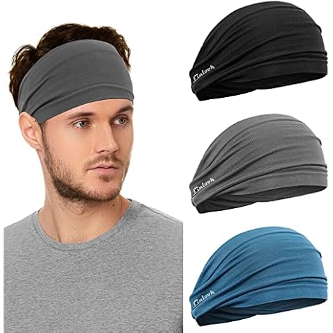 Headbands Men - 3 Packs Wide Head Sweatband for Sports, Fitness, Jogging, Running, Cycling, Hiking, Crossfit and Yoga (Black+Grey+Blue) Cover