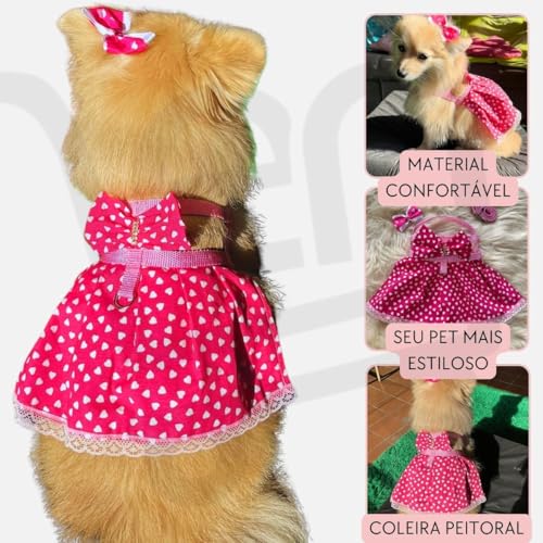 Vestido para Cachorro ou Gato com Estampa de Corações, Rosa, Tamanhos P, M e G (Pequeno)