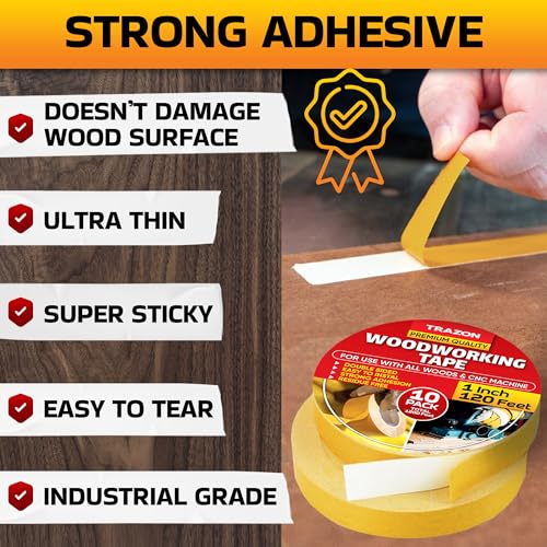Image of Trazon Double Sided Woodworking Tape Super Strong, 10 Pack, 1 Inch x 120 Feet, Wood Crafter Sticky Tool, Two Side Adhesive for Router Templates and CNC Machine, Removable & Residue Free