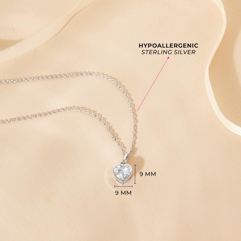 925 Sterling Silver Small Simulated Birthstone Heart Shaped Pendant Necklace For Girls 16" - Lovely Heart Shaped Cubic Zirconia For A Young Girl - Sweet Jewelry Gifts For Girls Birthday