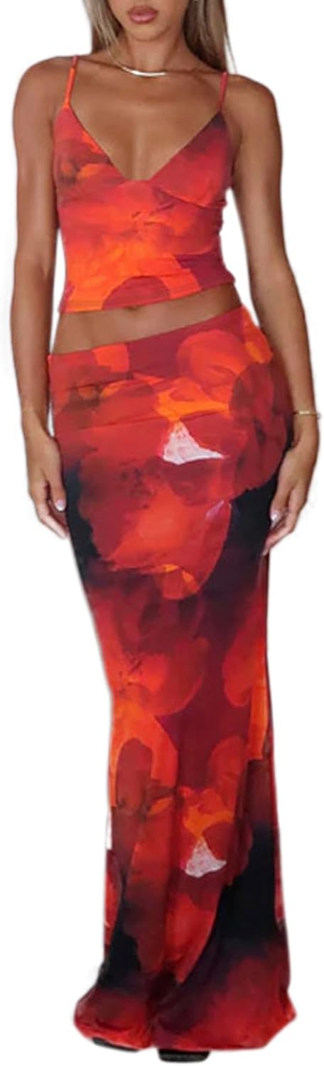 Womens Maxi Skirt Set Y2K Floral Print Halter Top Long Skirt V-Neck Cami Top Slim Fit Pencil Skirts Sets