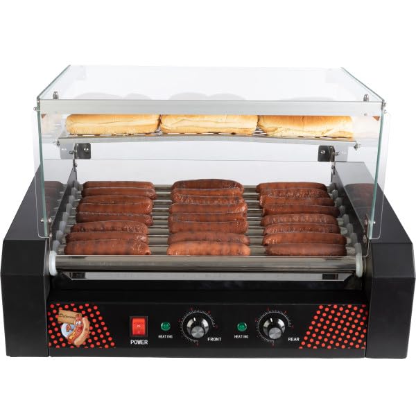 Image of Hot Dog Roller - Stainless-Steel 9-Roller Hot Dog Machine with Bun Warmer and Cover - Hotdog Roller Grill for 24 Hot Dogs by Great Northern Popcorn
