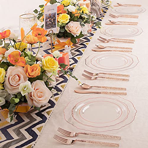Liacere 150Pcs Rose Gold Plastic Plates - Clear Rose Gold Disposable Plates With Glitter Bamboo Handle Cutlery - 60 Baroque Elegant Plates, 30 Forks, 30 Spoons, 30 Knives For Wedding & Party #TOP6