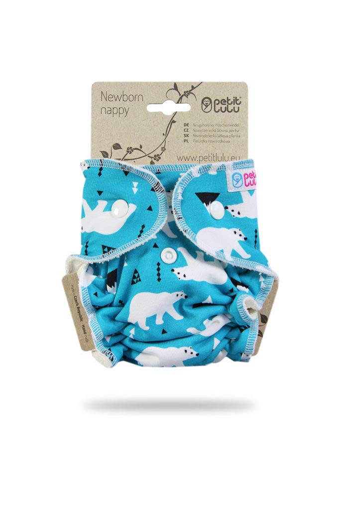 Petit Lulu pannolino in tessuto in bambù fitted neonato | Snaps | Materiale esterno 95% cotone, 5% elastan | Riutilizzabile e lavabile | Pannolino Mutandina di stoffa | Prodotto in Europa (Polar Bear)