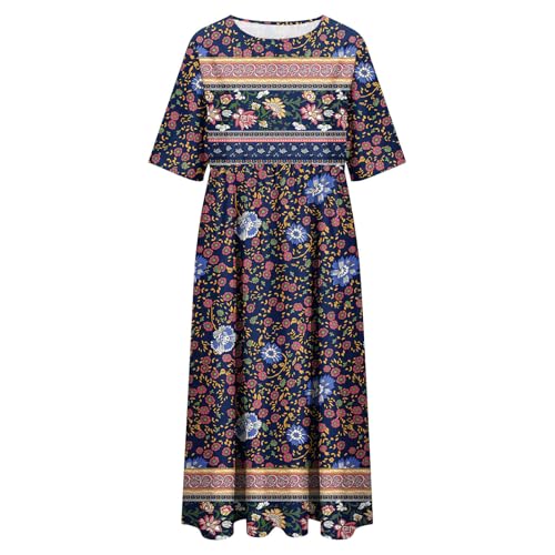 Boho Dresses for Women UK Clearance Italian Short Sleeve Button V Neck Dress with Pocket Ladies Floral Casual Sundress Elegant Swing Midi Dress Loose Pullover Lounge Dresses Beach Holiday Sundress