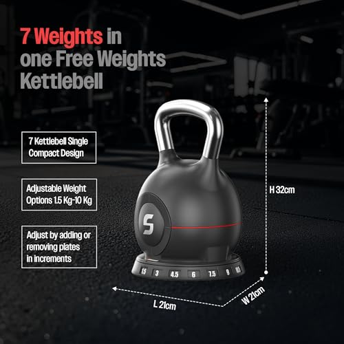 Image of Sparnod Fitness SK-12 Adjustable Kettlebell 10kg - 7-in-1 Adjustable Weight System, One-Hand Adjustment Ergonomic Grip, Steel & ABS Build Safe, Compact Full-Body Workouts (Black, 10Kgs, Set of 1)