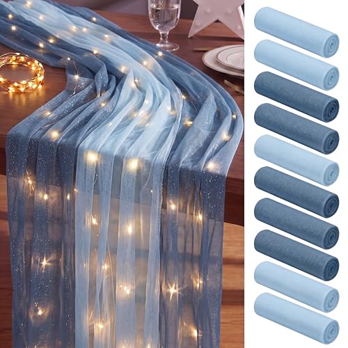 Tegeme 8 Set 16 Pack LED Chiffon Table Runner with Warm Lights,Dusty Blue