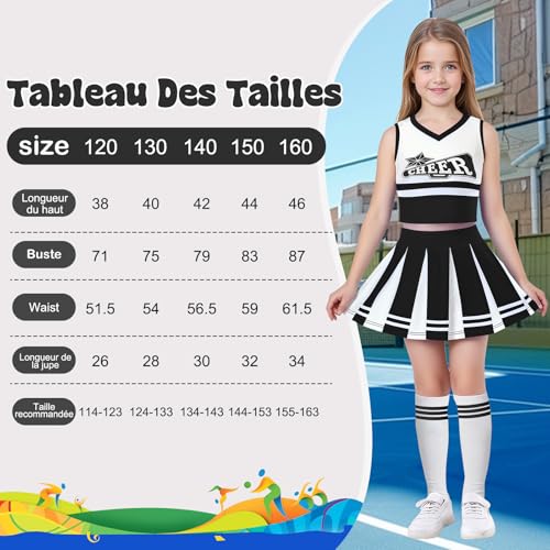 Luckyou Cheerleader Kinder Kostüm Mädchen Cheerleader mit Pompom Socken Karneval Kostüm Kinder für Halloween Sportfest-Black-160