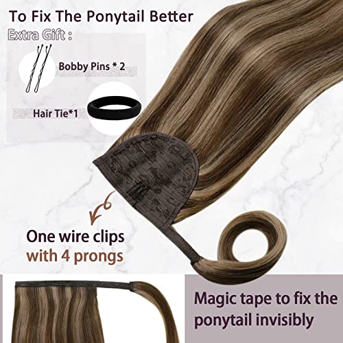 RUNATURE Real Hair Ponytail Extension Brown Highlight Blonde Human Hair Ponytail Straight Ponytail Hair Extensions Real Human Hair 12 Inch 70g - Image 3