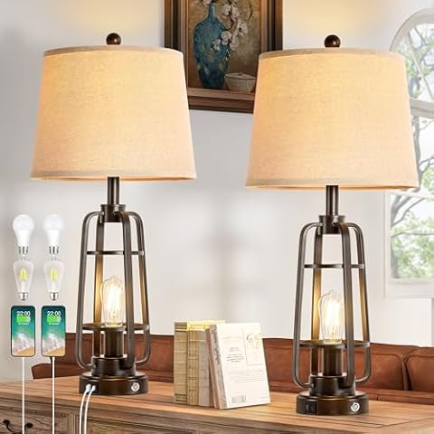 BZZMMB 28.7" Table Lamps for Living Room Set of 2, Touch Lamps for Bedrooms with USB C+A Charging Ports, Farmhouse Lamps for Nightstands with Oil Rubbed Bronze Finish, Bulbs Included Cover