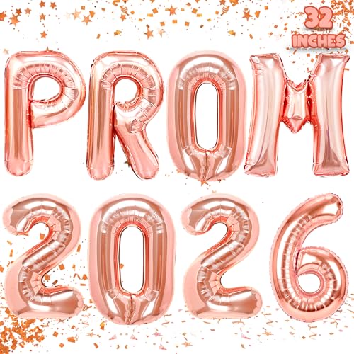 Image of Prom 2026 Balloons Rose Gold 32 Inch Giant - Prom 2026 Decorations Decor for Graduation Party Foil Mylar Balloons Banner Sign