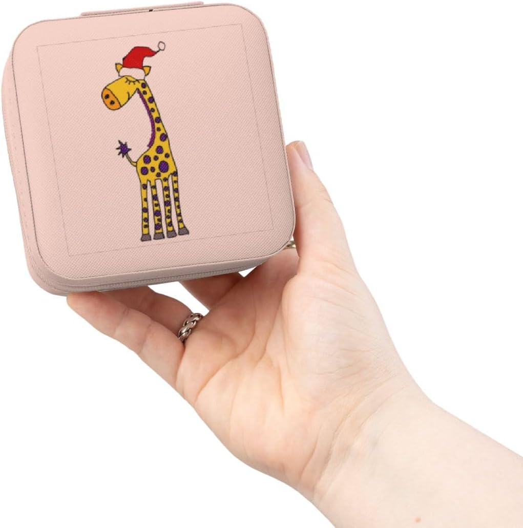 3dRose Funny Cute Giraffe in Santa hat Christmas cartoon Jewelry Travel Case Pink