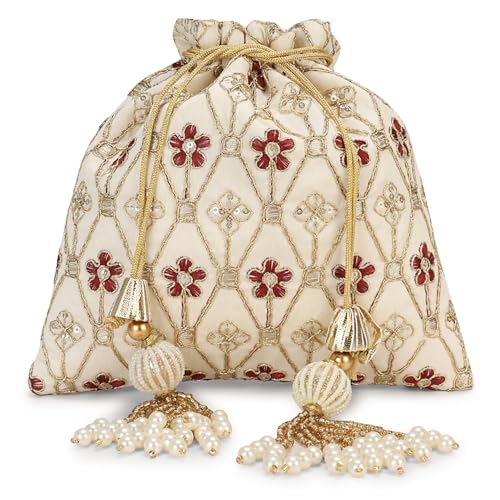 Image of LONGING TO BUY Indian Embroidered Pearl Potli Bag For Women, Sequence Design with Tassel, Wedding Potli Bags