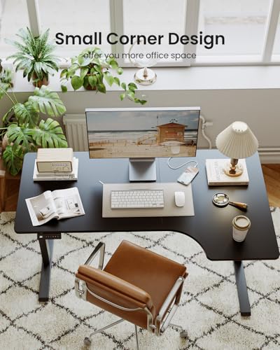 Image of FEZIBO L Shaped Electric Corner Standing Desk, 55x32 inch Home Office & Computer Height Adjustable Table with 4 Memory Height Settings, Ergonomic Sit and Stand Desk with Splice Board, Black Top
