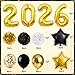 New Years Decorations 2026, New Years Eve Party Supplies, Black and Gold Happy Nye Party Decorations with Banner Balloons Fringe Curtains Backdrop Swirls Honeycomb