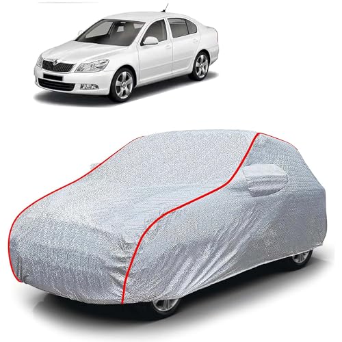 Image of Sulfar 100% Waterproof Car Body Cover Compatible with Mirror for Skoda Laura (Triple Stitched, Full Bottom Elastic, Magic Silver with Red Piping)
